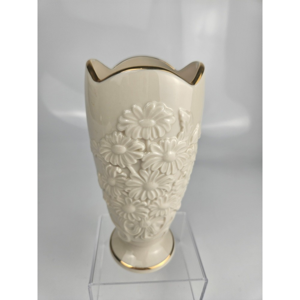 Lenox Glorious Daisies Ivory China Vase Gold Trim Pedestal 1999‎ USA